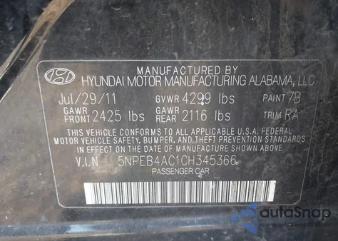 2012 Hyundai Sonata Gls из США, поврежденный, VIN 5NPEB4AC1CH345366